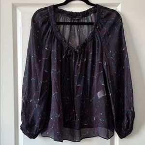 Tara Jarmon Size 40 100% Silk Sheer Tie-Blouse - Purple/Blue